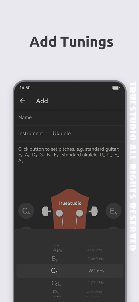 Ukulele Tuner - TrueStudio - La schermata Aggiungi Accordature nell'app Accordatore Ukulele con selezione di note e frequenze per accordature personalizzate.