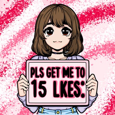 realistic girl holding up a sign that says “pls get me to 15 likes!”