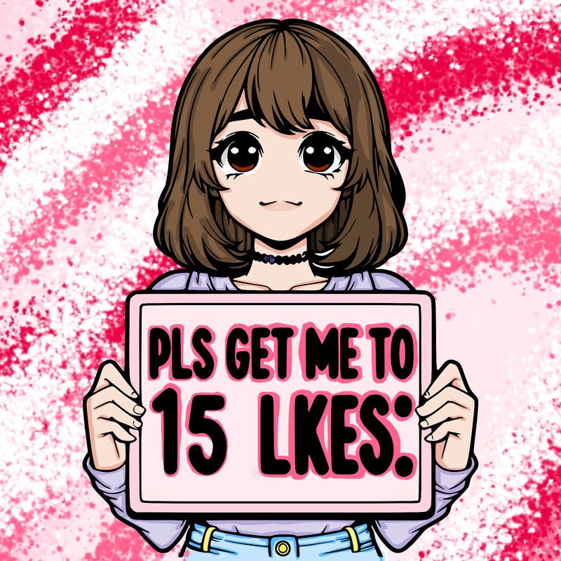 realistic girl holding up a sign that says “pls get me to 15 likes!”