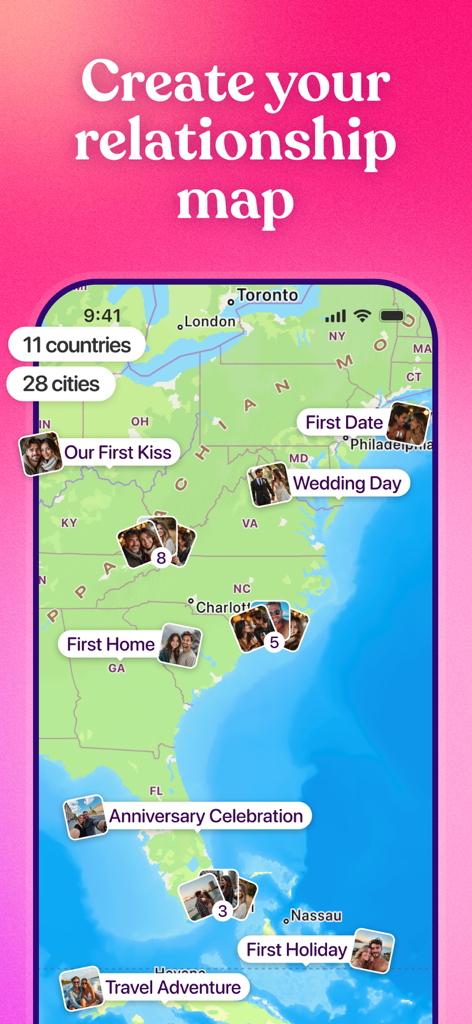 Relationship map showing couple memories and milestones with photos