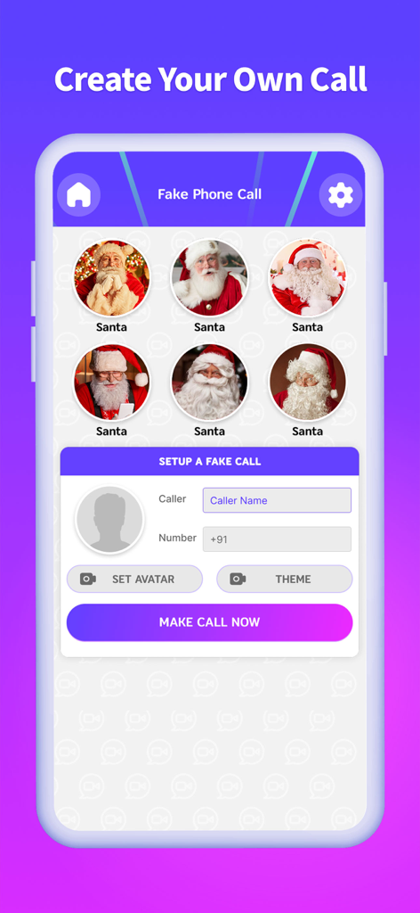 Prank App: Fake video call - Interface for setting up a fake phone call with customizable caller names and Santa Claus avatars.