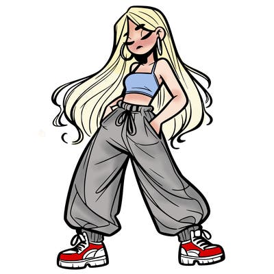girl in baggy pants crop top and long hair