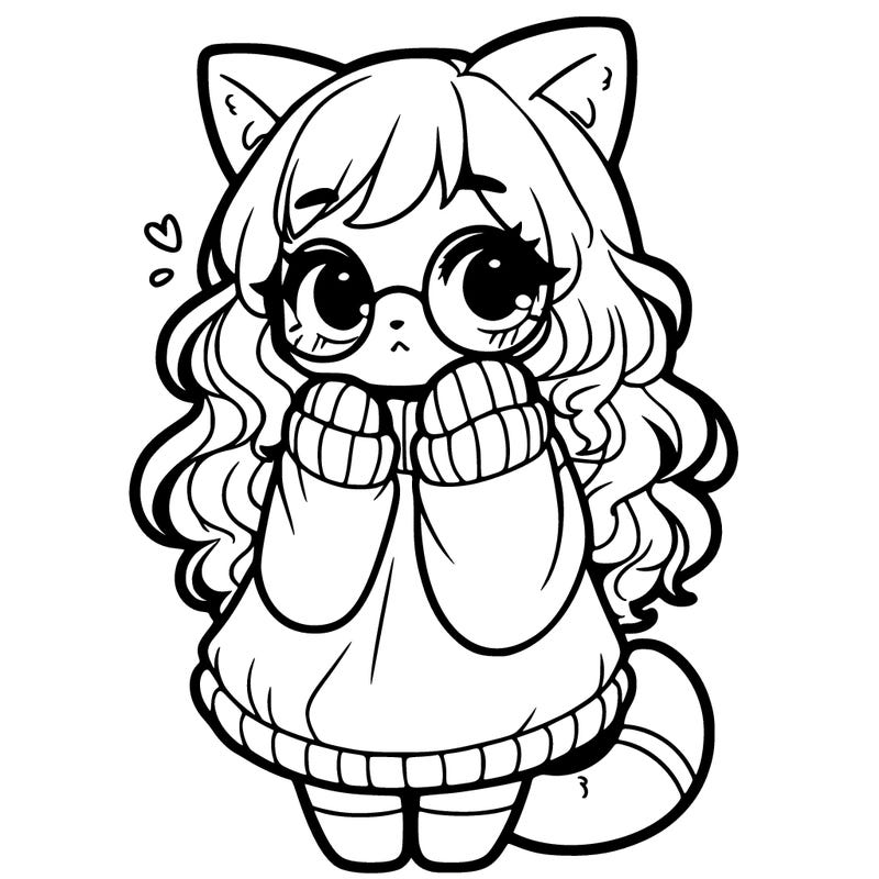 shy catgirl in an oversized sweater with glasses and curly hair