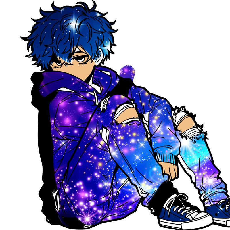 a male hoddie ripped jeans messy hair anime