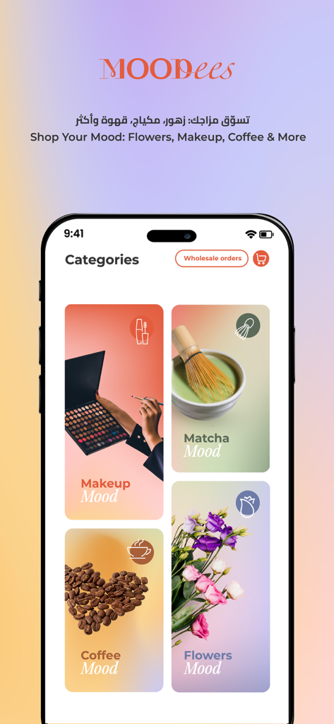 Moodees - Interfaccia dell'app mobile Moodees che mostra le categorie "shop your mood" per makeup, matcha, caffè e fiori