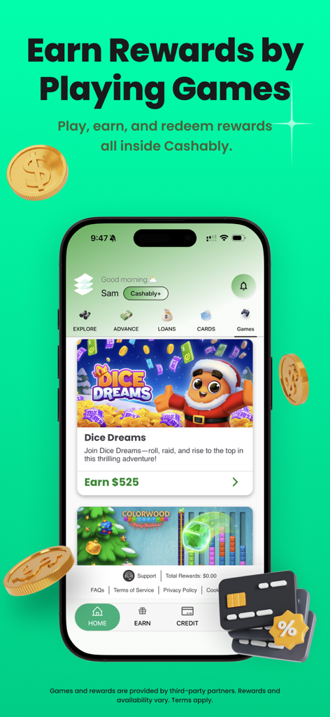 Cashably: Quick Cash Advance - Cashably mobile app screen showing games and rewards feature to earn cash while playing