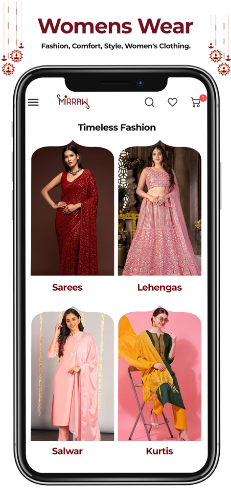 MIRRAW - Online Shopping App - Mirraw App-Bildschirm mit Kategorien für Ethno-Kleidung für Damen, einschließlich Sarees und Lehengas