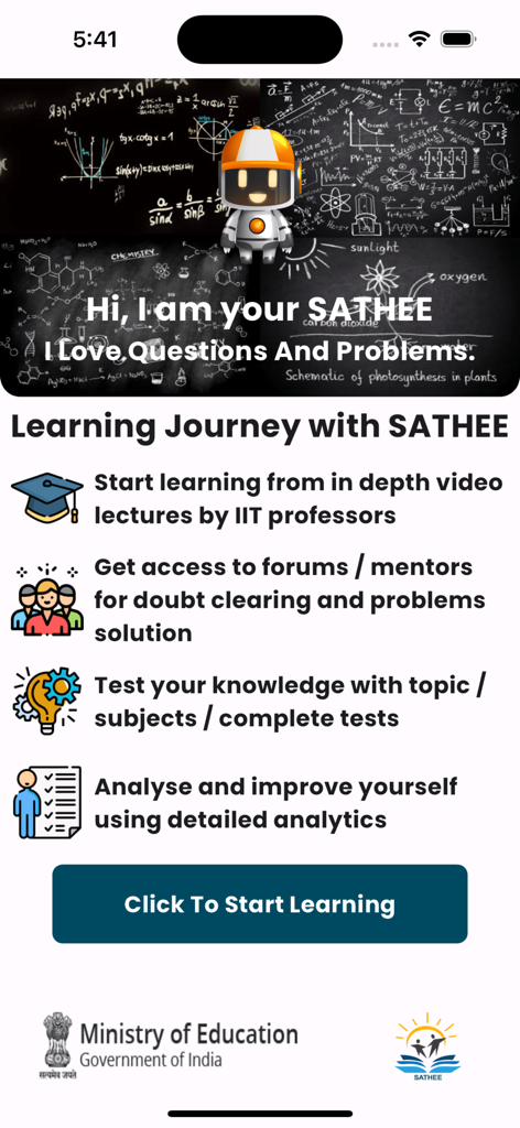 Sathee - Sathee app screen showing features like video lectures by IIT professors and mock tests for competitive exams.