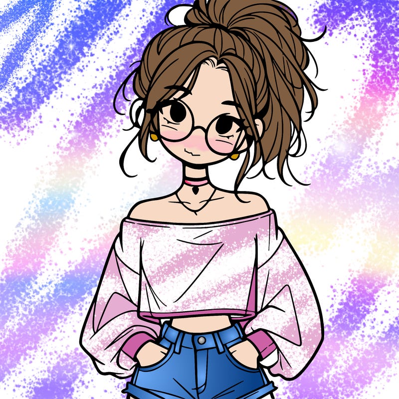 girl with a messy ponytail glasses a baggy crop top and jean shorts