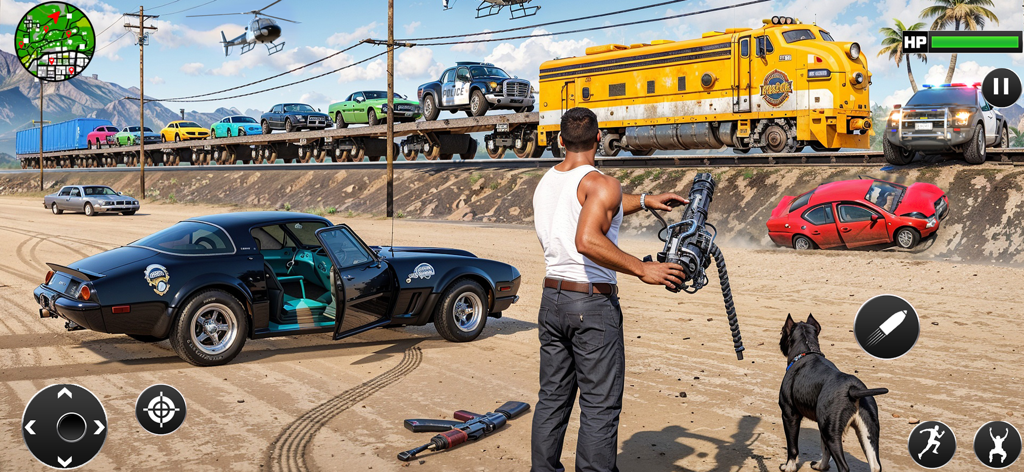 A gangster character holding a gatling gun in an open world action game with vehicles and a train