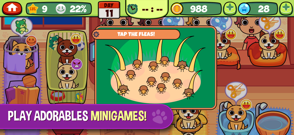 My Virtual Pet Shop: Vet Salon - Screenshot of the Tap the Fleas mini game in the My Virtual Pet Shop Vet Salon app showing cartoon bugs on a pet's fur.
