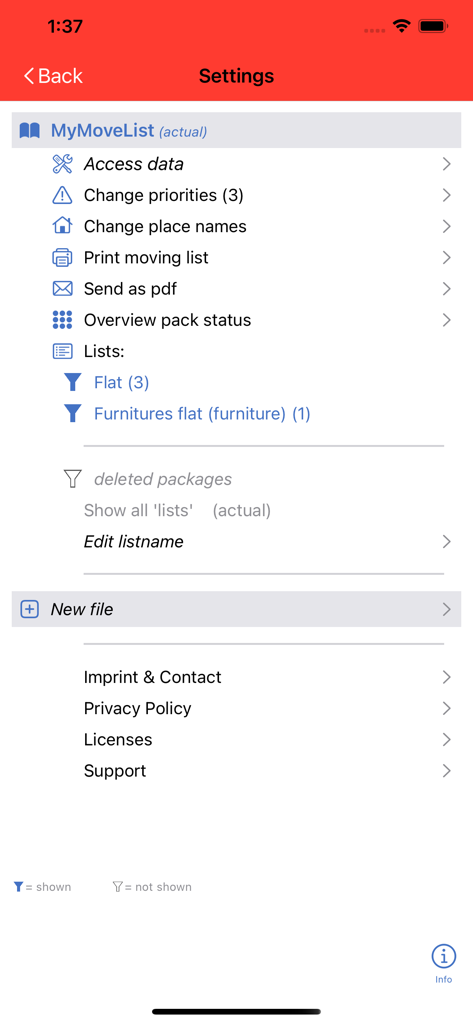MyUmzug - MyUmzugアプリの設定画面、引越しリスト管理とドキュメントエクスポートのオプションを表示