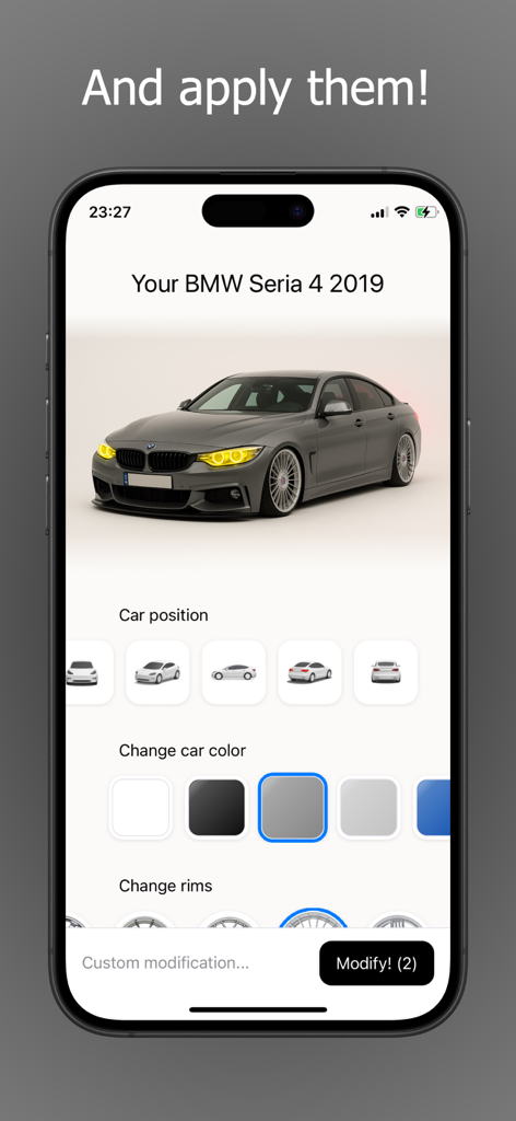 CarMod AI App-Oberfläche, die einen modifizierten BMW mit Optionen zum Ändern der Autofarbe und der Felgen zeigt.