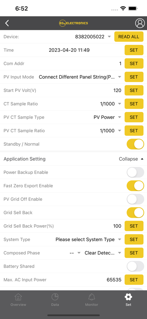 EG4 Monitor - Settings interface of the EG4 Monitor app showing power backup and grid sell back configuration options for a solar energy storage system.