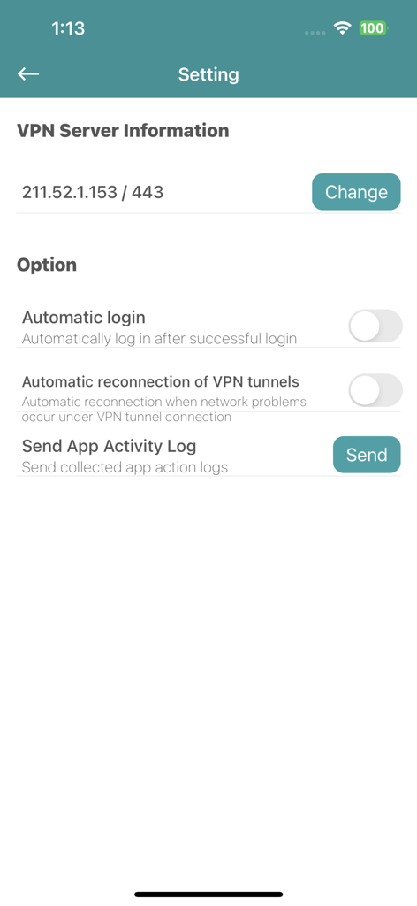 eWalker SSL VPN - Settings screen of the eWalker SSL VPN app displaying VPN server information and connection options