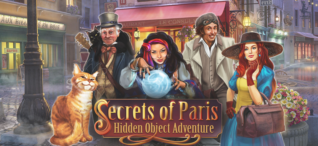 Arte promocional para Secretos de París Aventura de Objetos Ocultos con personajes del juego en una calle parisina.