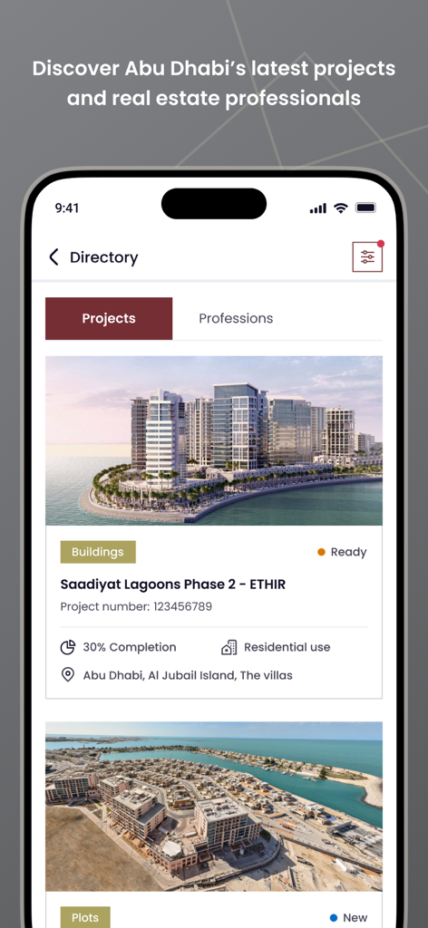Dari - Dari mobile app screen displaying a directory of real estate projects in Abu Dhabi