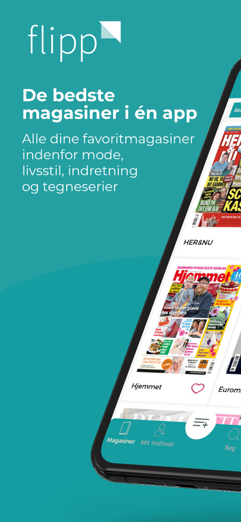 Flipp Danmark - さまざまなデンマークの雑誌の表紙が表示されたFlipp Danmarkアプリのモバイル画面