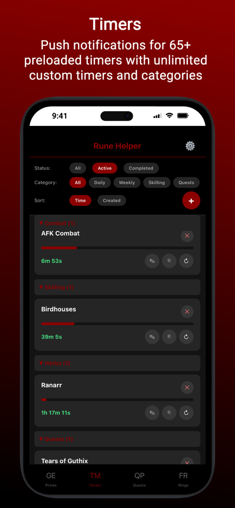 Rune Helper app interface showing various active OSRS activity timers for combat birdhouses and farming runs