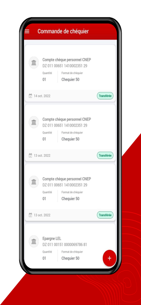 Écran de l'application mobile CNEP Connect montrant l'historique et le statut des commandes de chéquier