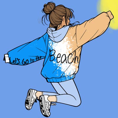 realistic girl jumping with a bun and oversized sweatshirt