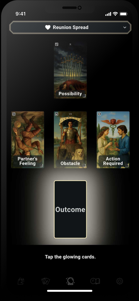 Tarot Reading: Love & Advice - Un'interfaccia di un'app mobile che mostra uno spread di riunione di tarocchi con etichette per possibilità e ostacolo