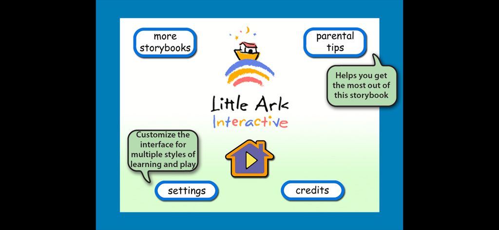 The main menu of the Noahs Ark by Little Ark app showing buttons for parental tips and settings