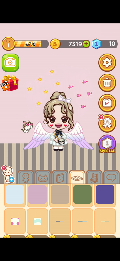 Idol Manager : Dress Up Game - ゲームのカスタマイズメニューで、天使の翼とペットの猫を持つちびアイドルのキャラクター。