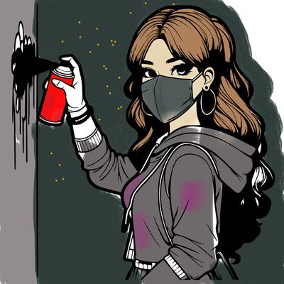 realistic girl with mask spray painting a wall