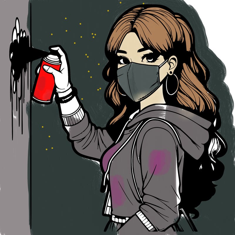 realistic girl with mask spray painting a wall