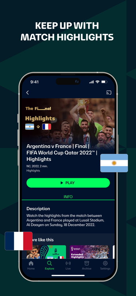 FIFA+ Stream Live Football TV - Interfaz de la app móvil FIFA plus que muestra los momentos destacados de la Final de la Copa del Mundo Argentina vs Francia