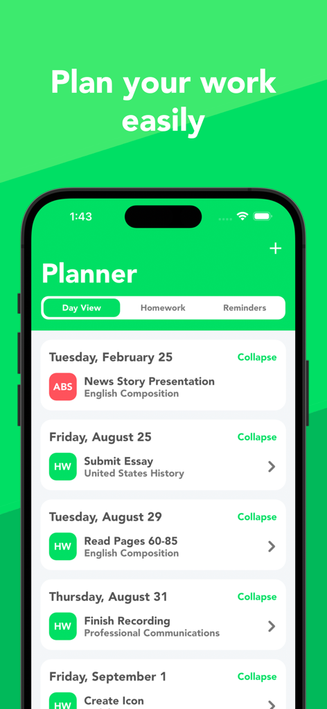 Interface of the GradeWay for HAC student planner showing a day view of homework assignments and class tasks