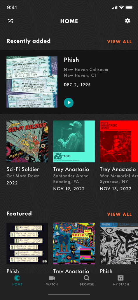 LivePhish app home screen showing recently added and featured live concert recordings from Phish and Trey Anastasio.