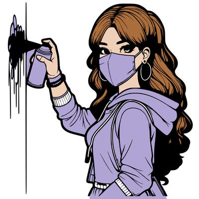 realistic girl with mask spray painting a wall