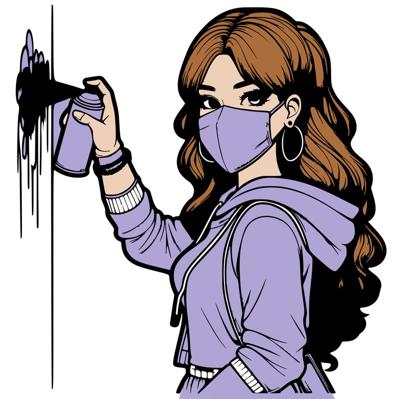 realistic girl with mask spray painting a wall