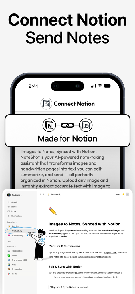 NoteShot: Photo Note to Notion - Interfaz de la aplicación NoteShot mostrando una integración y sincronización fluidas de fotos y notas a un espacio de trabajo de Notion
