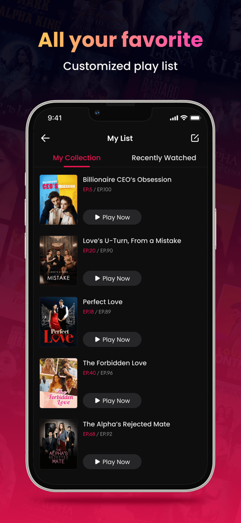 Un smartphone affichant l'écran Ma Collection de l'application GoodFM avec une liste de dramas courts de romance et de PDG