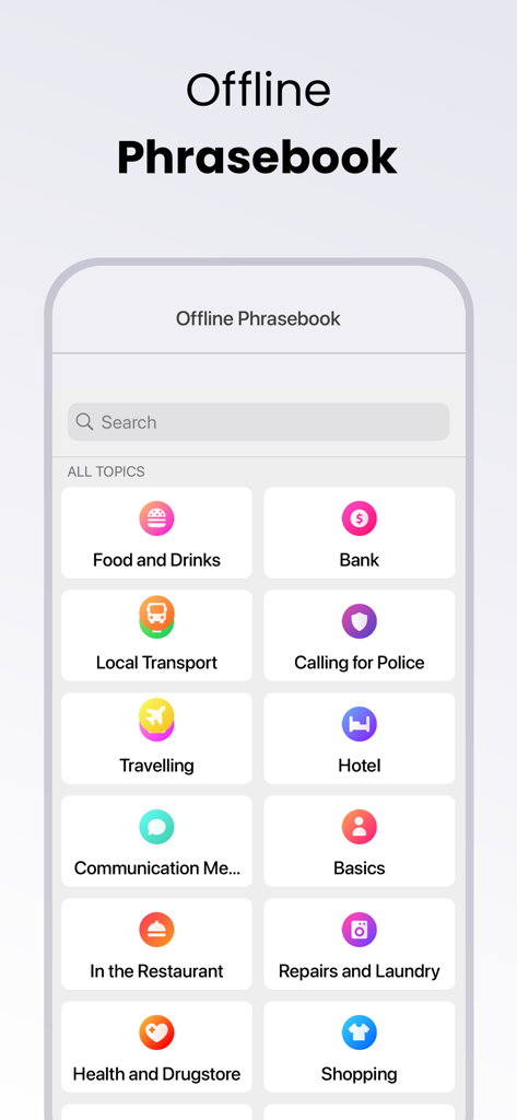 The offline phrasebook interface of the Voice Translator app displaying various travel categories like food, transport, and hotels.