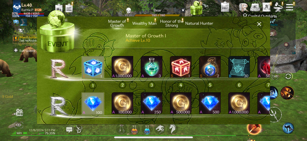 RebirthM - Evento menu ricompense di gioco di RebirthM che mostra ricompense per la progressione di livello come oro e gemme