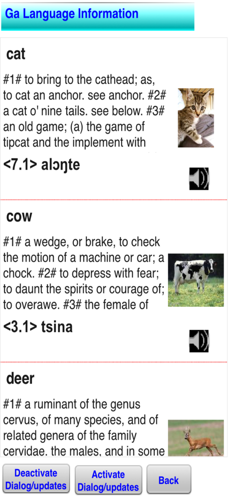 Speak and Write Ga Language - Mobile app interface displaying Ga language translations for animal words with associated pictures and pronunciation icons.