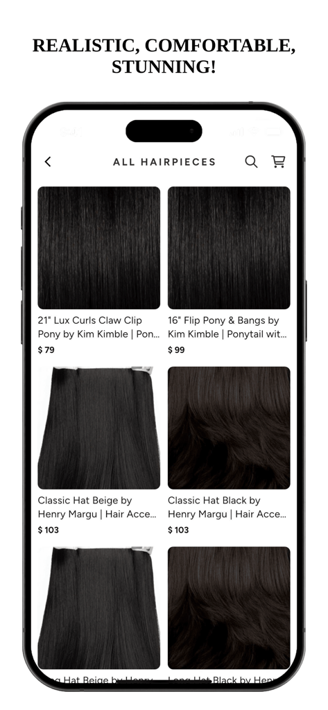 Shirleys Wig Shoppe - Shirleys Wig Shoppe mobile app displaying various hairpieces and extensions with pricing