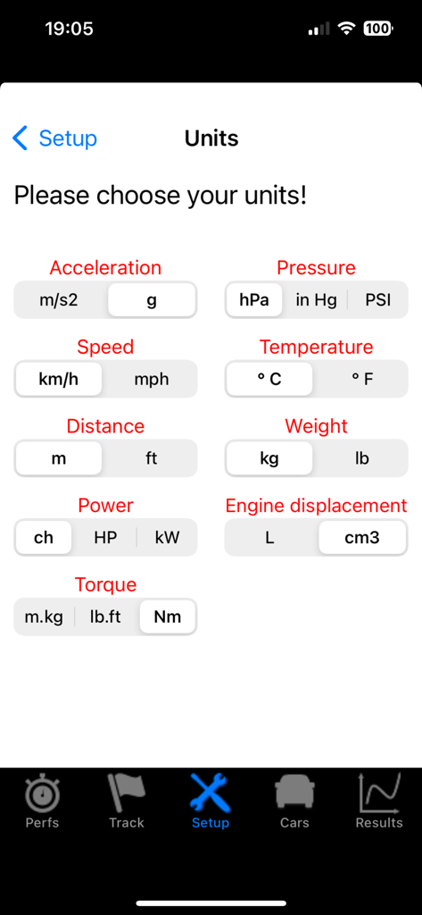 Setup screen for choosing measurement units like horsepower and torque in PerfectPower app