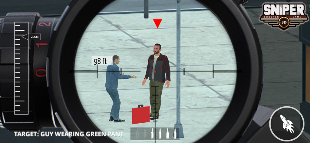 Vista en primera persona a través de la mira de un francotirador apuntando a un personaje en una calle de la ciudad