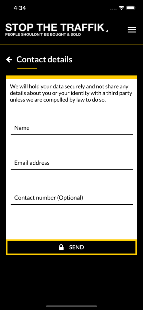 Secure contact details form in The STOP APP for reporting human trafficking incidents.