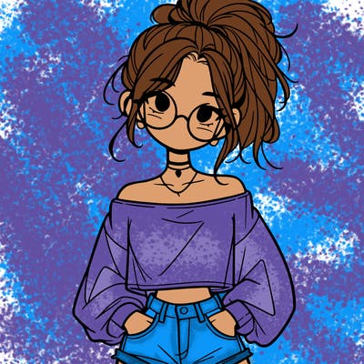 girl with a messy ponytail glasses a baggy crop top and jean shorts