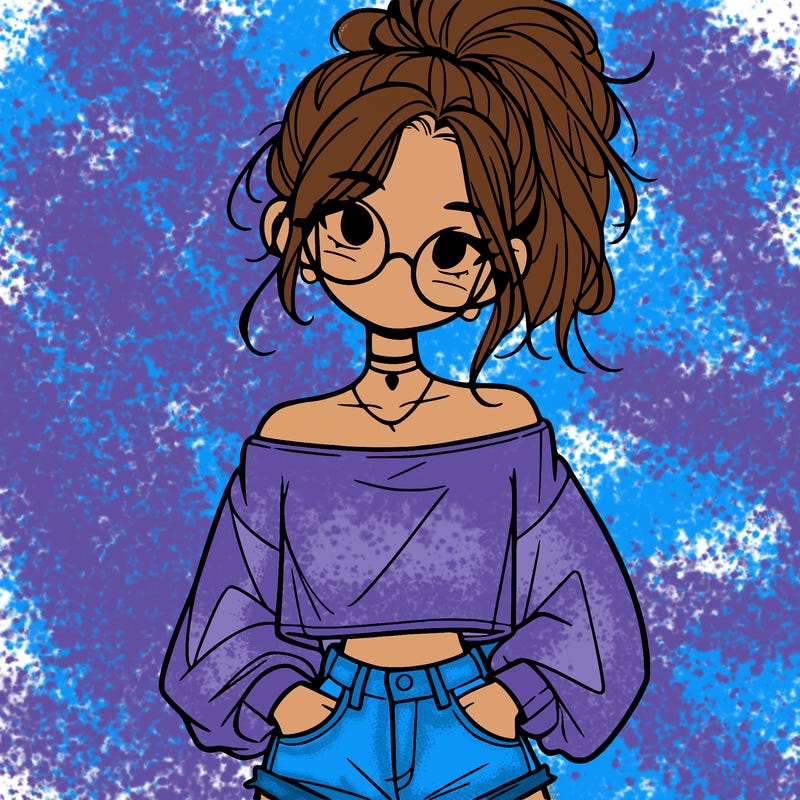 girl with a messy ponytail glasses a baggy crop top and jean shorts