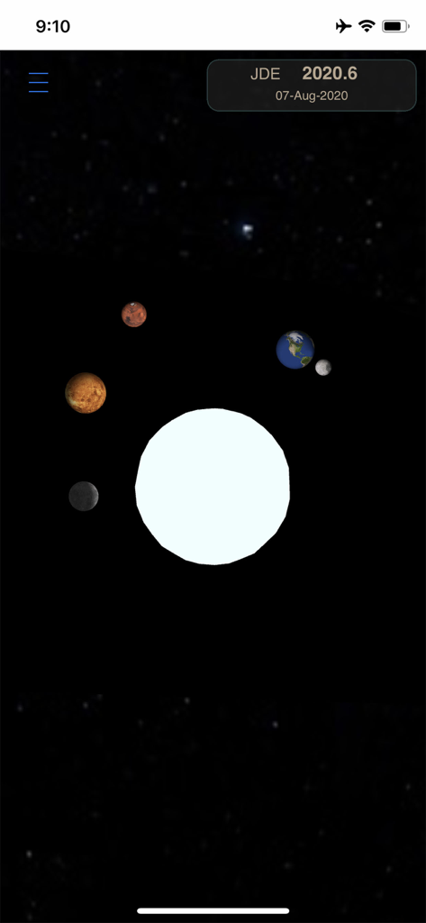 별이 빛나는 배경을 뒤로하고 태양과 내행성이 표시되는 Planet Fun 앱의 3D 태양계 시뮬레이션