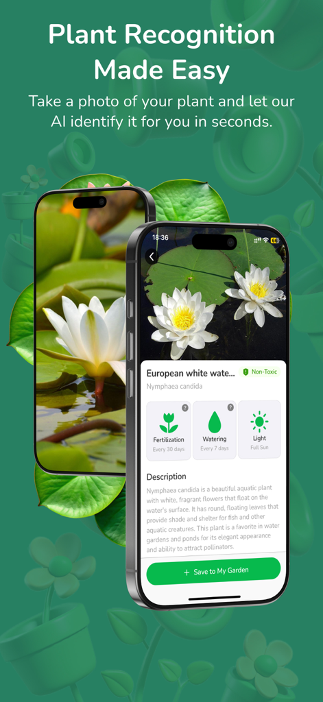 Planty | Plant Finder,Plant ID - Smartphone screen displaying the Planty app interface identifying a white waterlily with plant care schedules for watering and fertilization