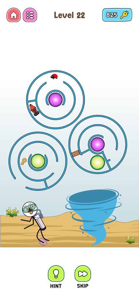 Thief Challenge: Swipe & Steal - Stickman thief in scuba gear navigating a circular maze puzzle in Thief Challenge Swipe and Steal.