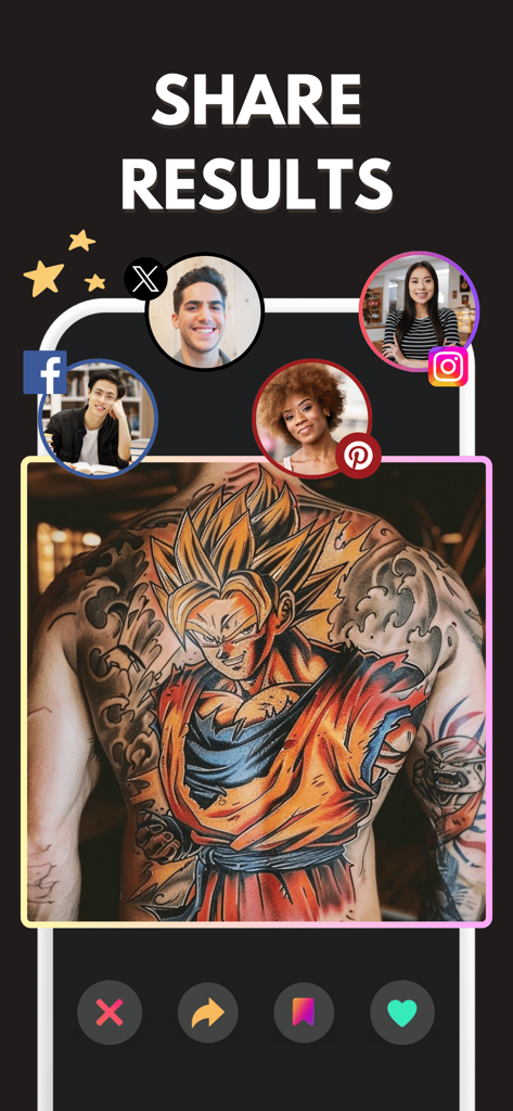 App screen showing an anime character tattoo design on a person back with social media share icons